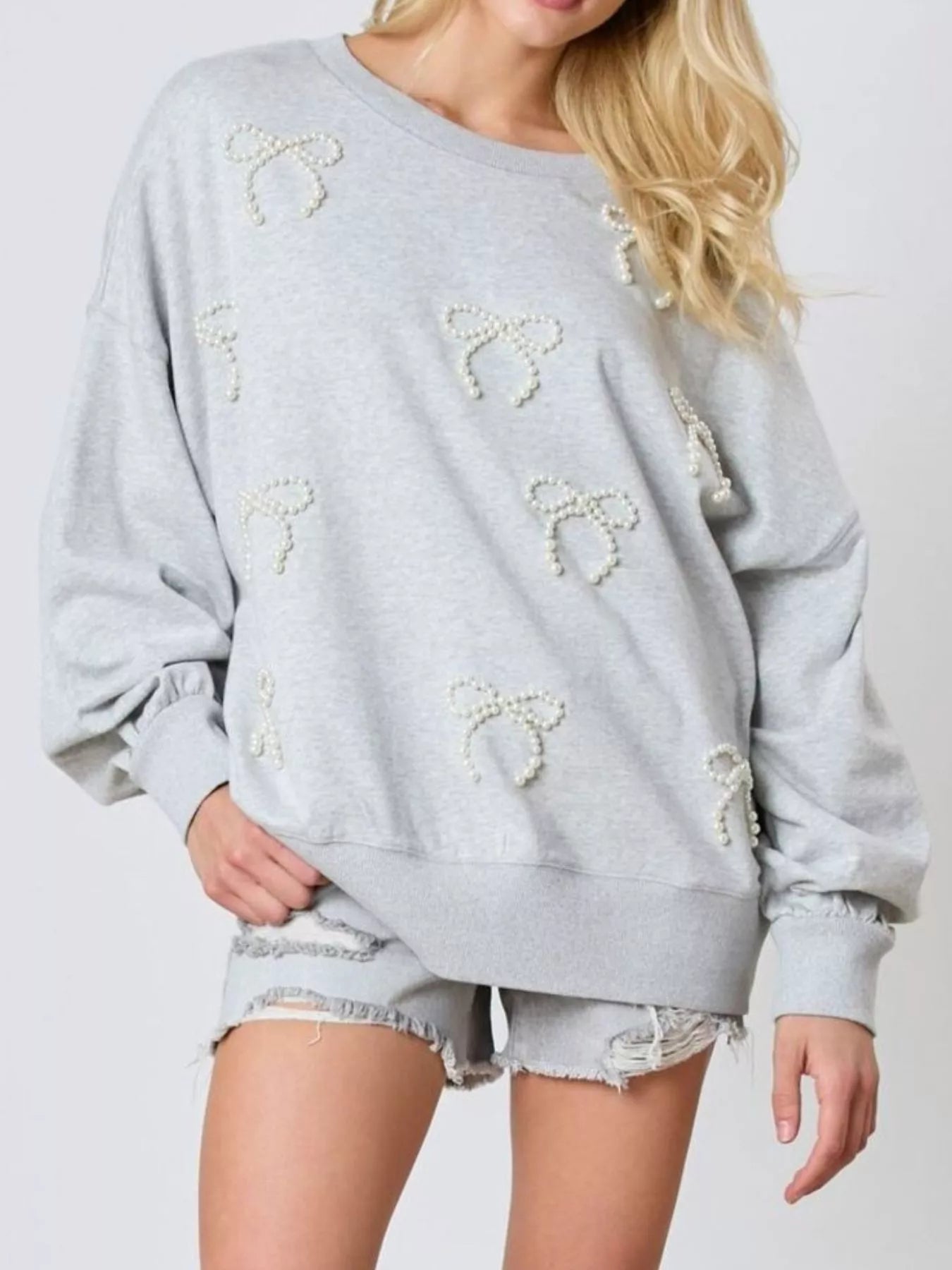 Pearl Embellished Bow Long Sleeve Sweatshirt OutfitFlow
