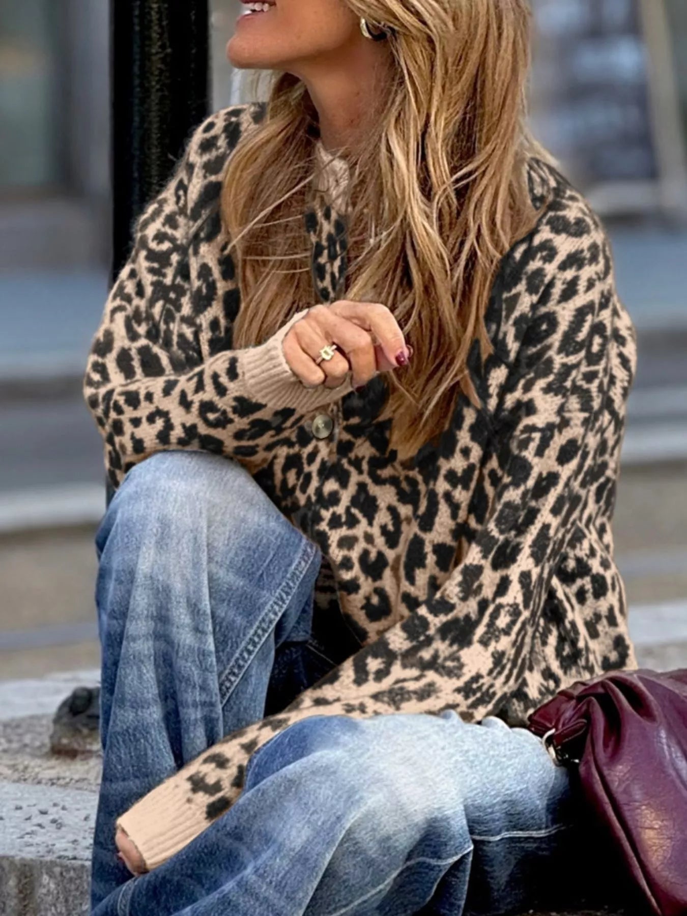 Leopard Drop Shoulder Chunky Knitted Cardigan OutfitFlow