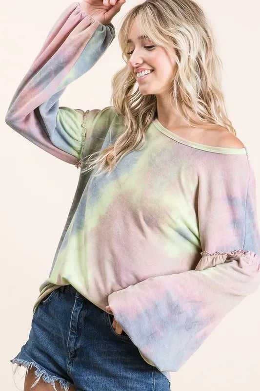 BiBi Tie Dye French Terry Sweatshirt With Bubble Sleeves Trendsi