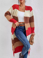 Striped Color Block Open Front Knit Cardigan Trendsi