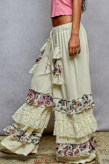 POL Drawstring Double Gauze Wide Leg Pants with Print and Lace Ruffle OutfitFlow