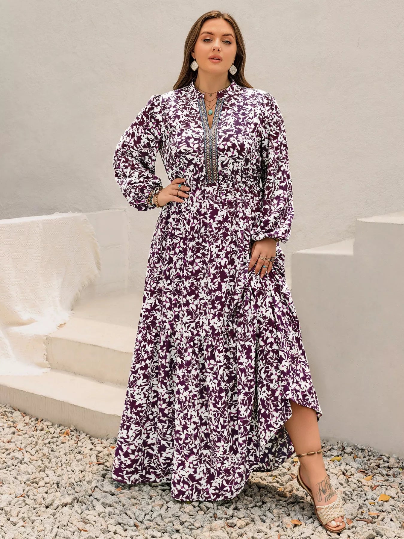 Plus Size Floral Print Maxi Dress with Long Sleeves OutfitFlow