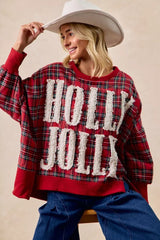 BiBi Holly Jolly Christmas Plaid Oversized Sweatshirt OutfitFlow