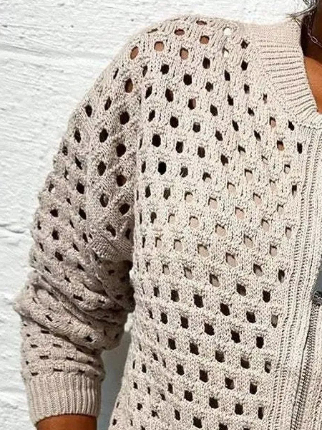 Full Size Zip Up Long Sleeve Cardigan with Eyelet Detail Plus Size OutfitFlow