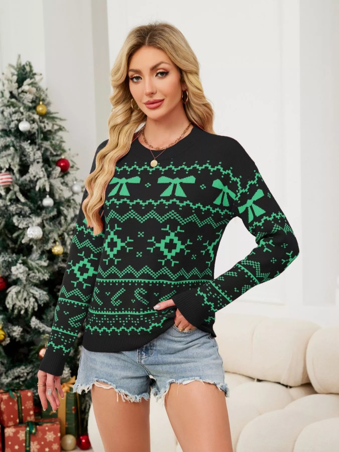 Christmas Bow Round Neck Sweater Black OutfitFlow