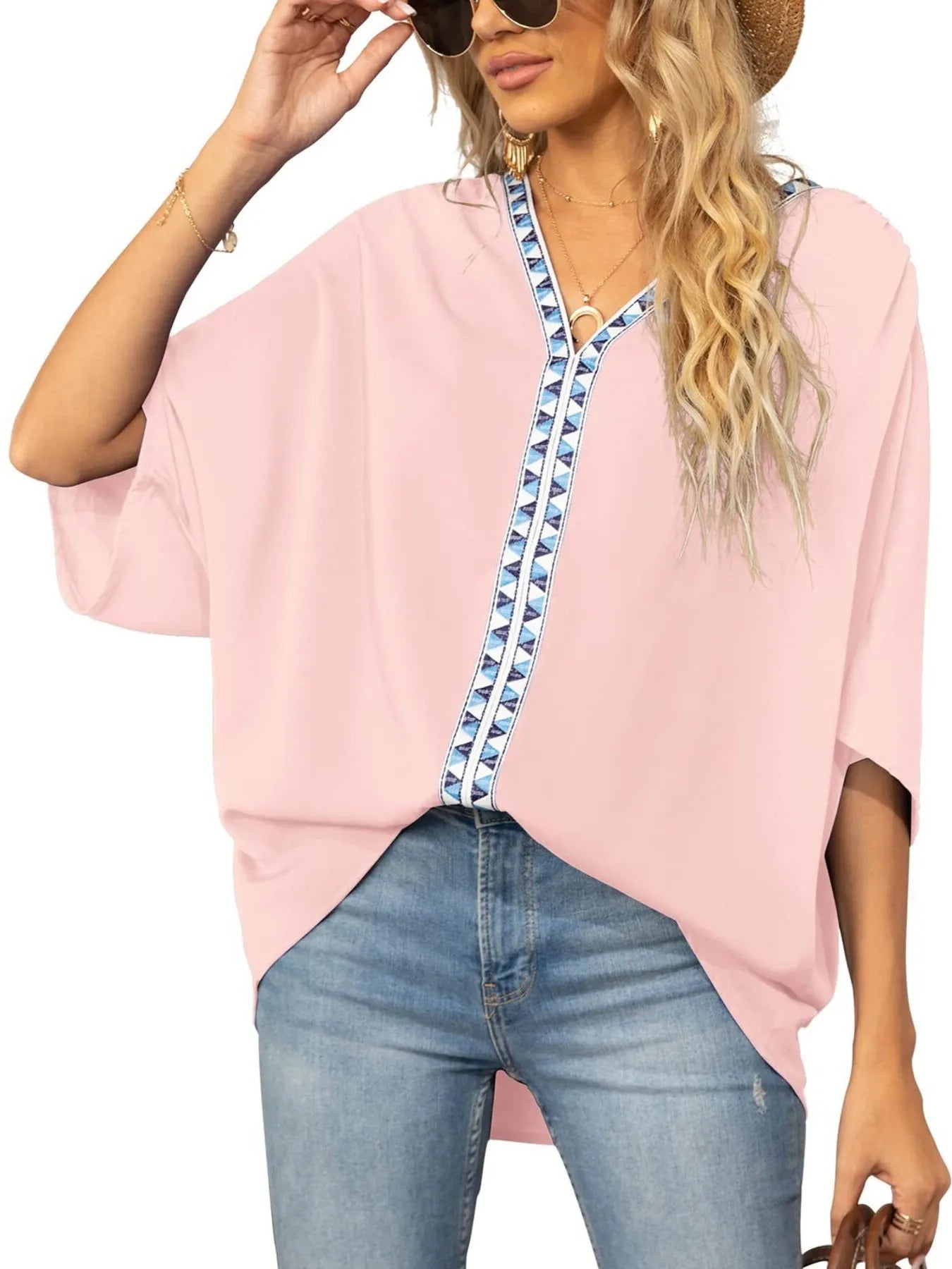 Oversized Contrast V-Neck Half Sleeve Blouse OutfitFlow