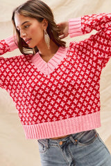 SO ME Color Block Textured Christmas Sweater V Neck Top OutfitFlow