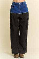 Davi & Dani Denim Patchwork Wide Leg Pants with Cargo Pockets