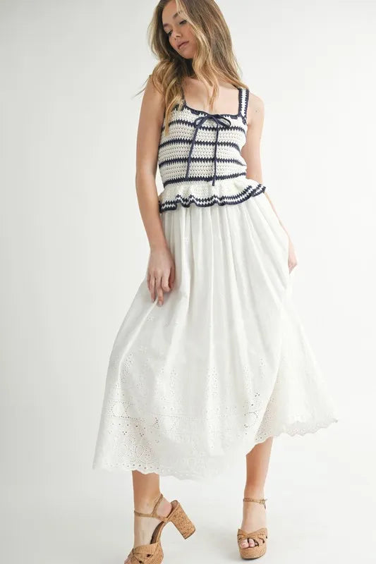 MABLE Crochet Stripe Knit Eyelet Mix Midi Dress OutfitFlow