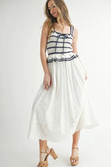 MABLE Crochet Stripe Knit Eyelet Mix Midi Dress OutfitFlow