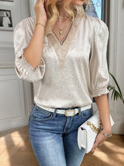 Animal Print V-Neck 3/4 Sleeve Blouse OutfitFlow