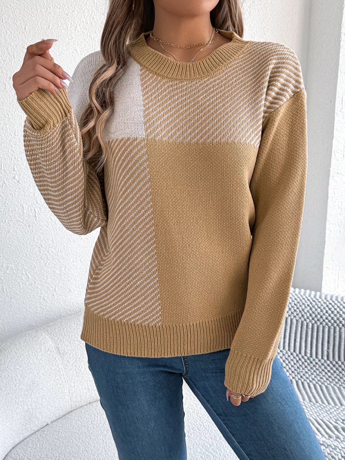 Color Block Striped Round Neck Sweater OutfitFlow
