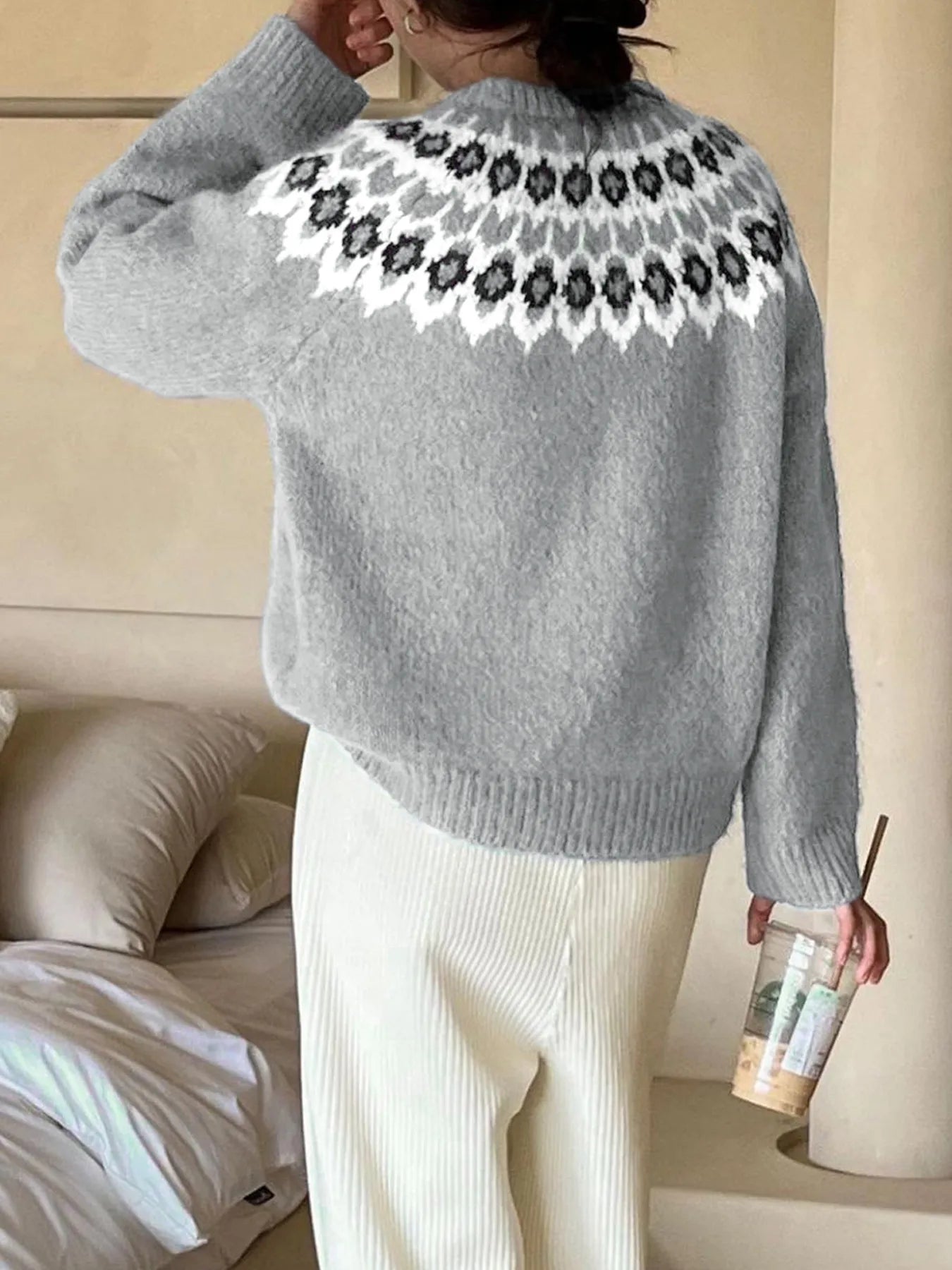 Nordic Fair Isle Pattern Round Neck Sweater OutfitFlow