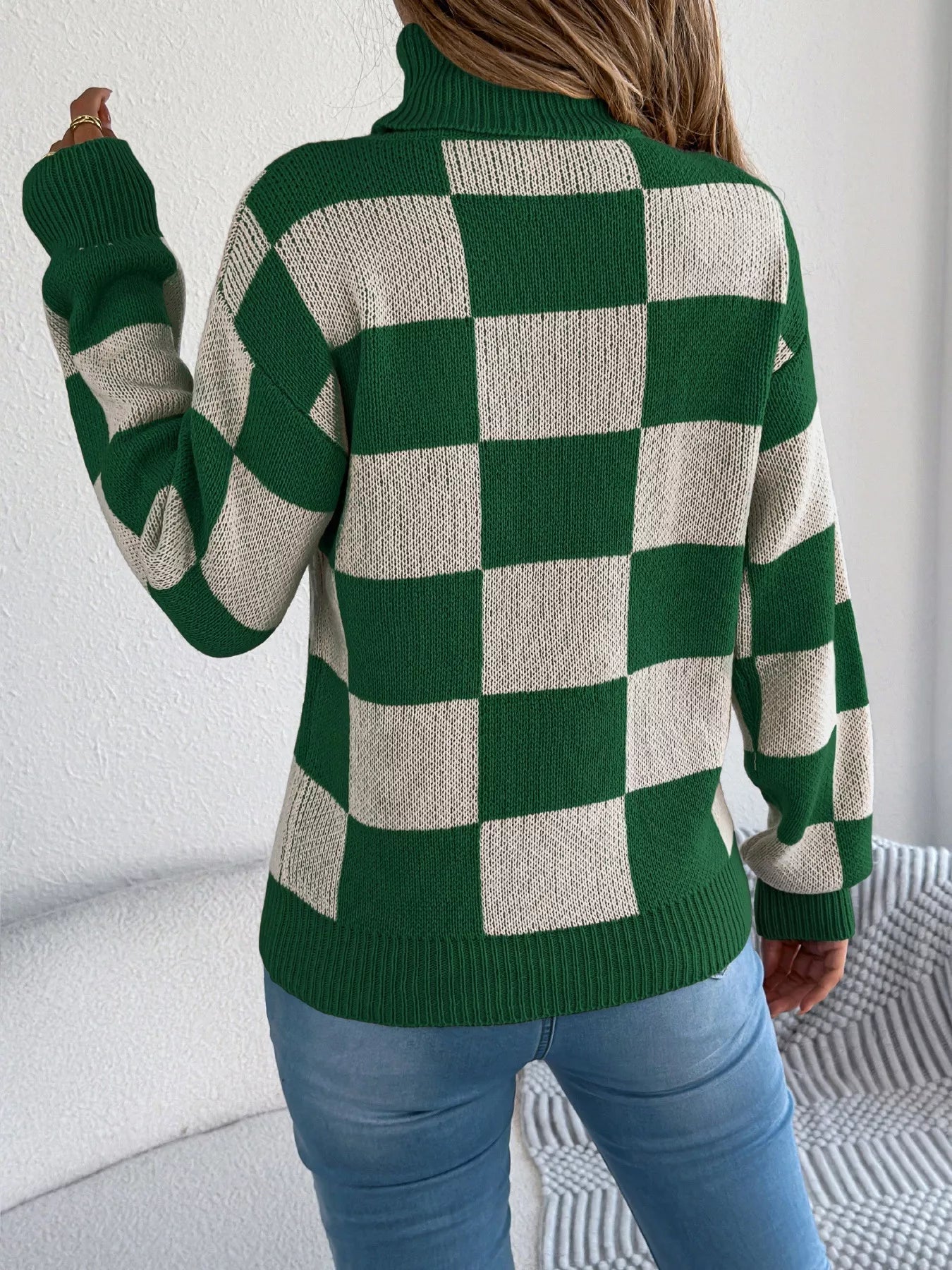 Checkered Turtleneck Long Sleeve Sweater OutfitFlow