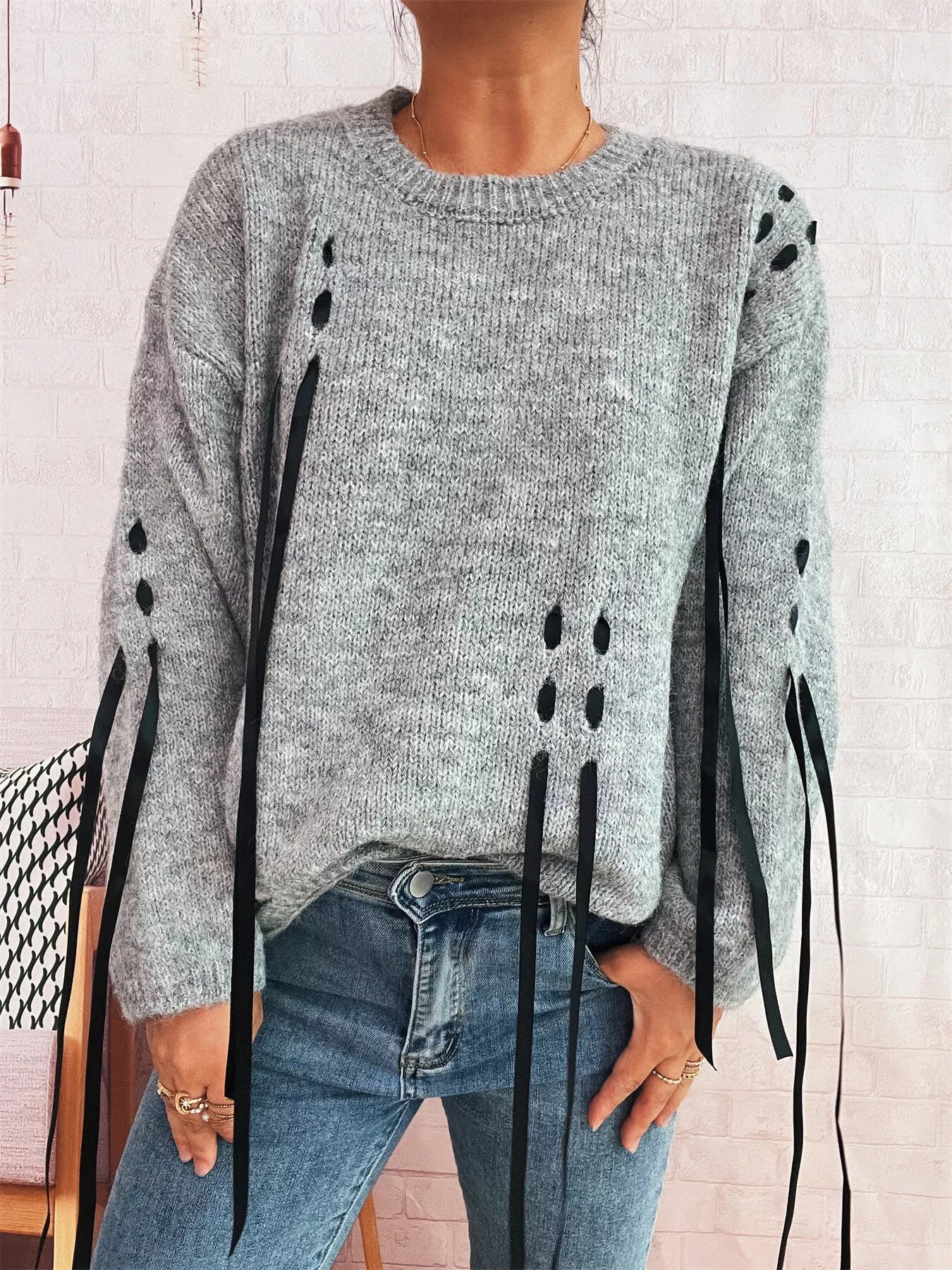Round Neck Long Sleeve Sweater with Ribbon Details OutfitFlow