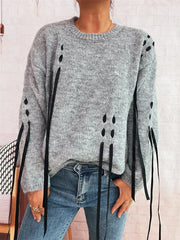 Round Neck Long Sleeve Sweater with Ribbon Details OutfitFlow