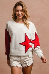 BiBi Star Patch And Spliced Hemline French Terry Long Sleeve Sweatshirt OutfitFlow