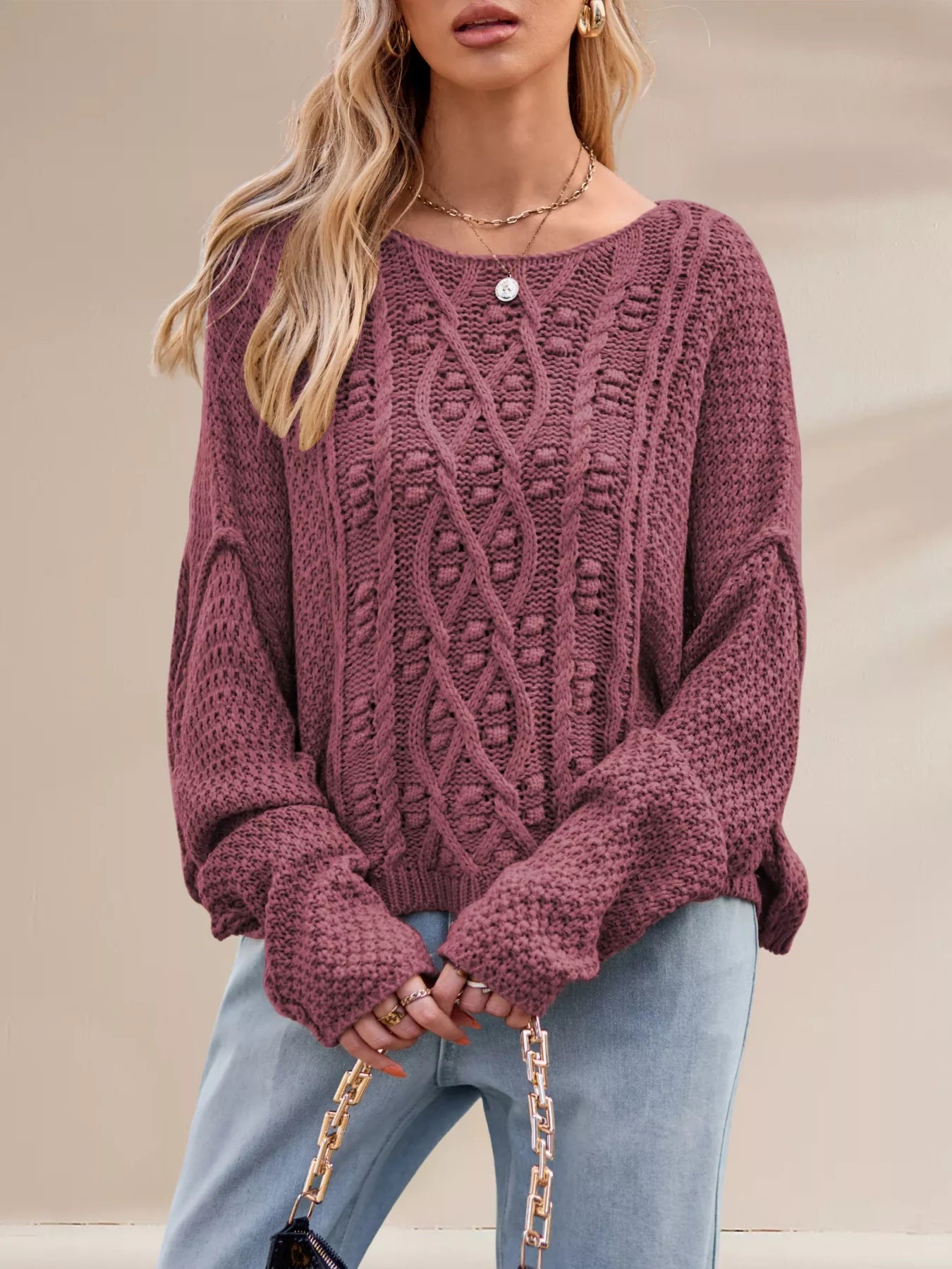 Textured Knit Round Neck Sweater OutfitFlow
