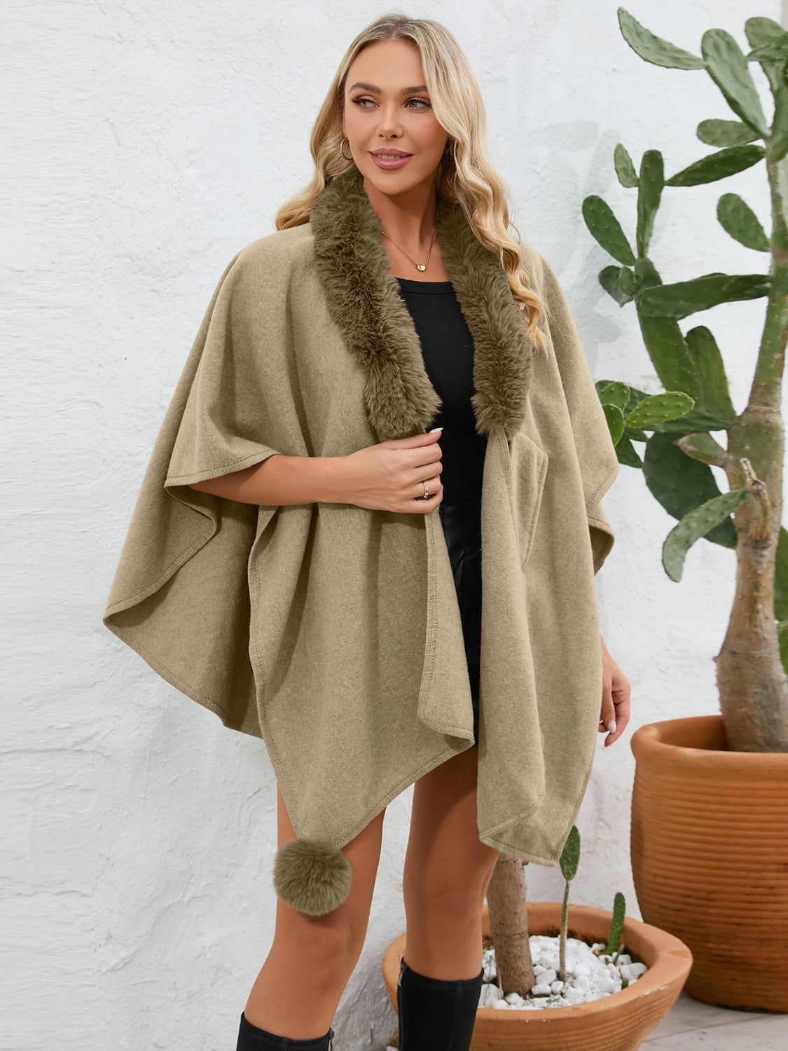 Outfit Flow - Fuzzy Trim Open Front Poncho