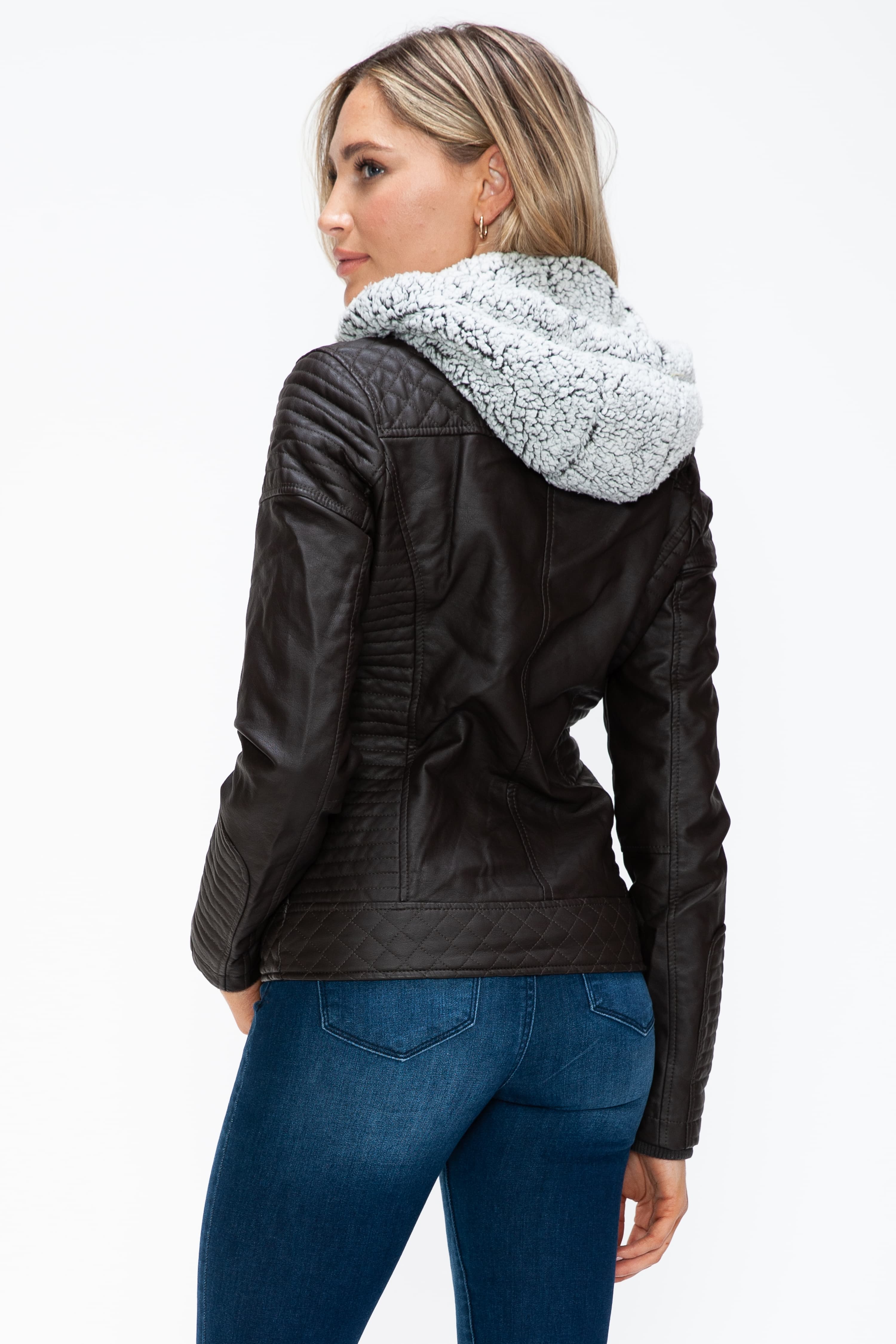 Outfit Flow - YMI Faux Layered Double-Zipper Jacket with Fuzzy Hood