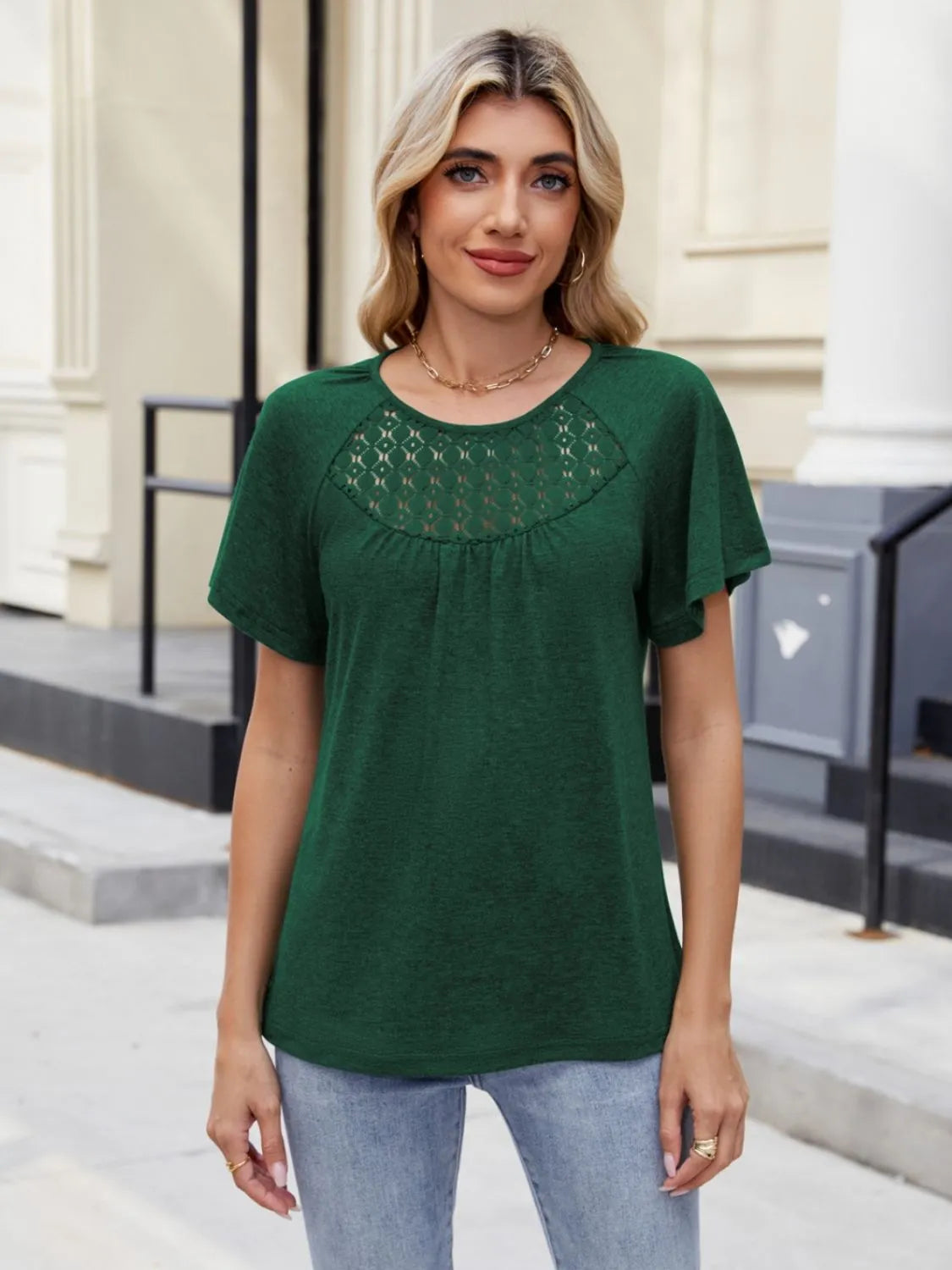 Lace Detail Round Neck Short Sleeve Blouse OutfitFlow