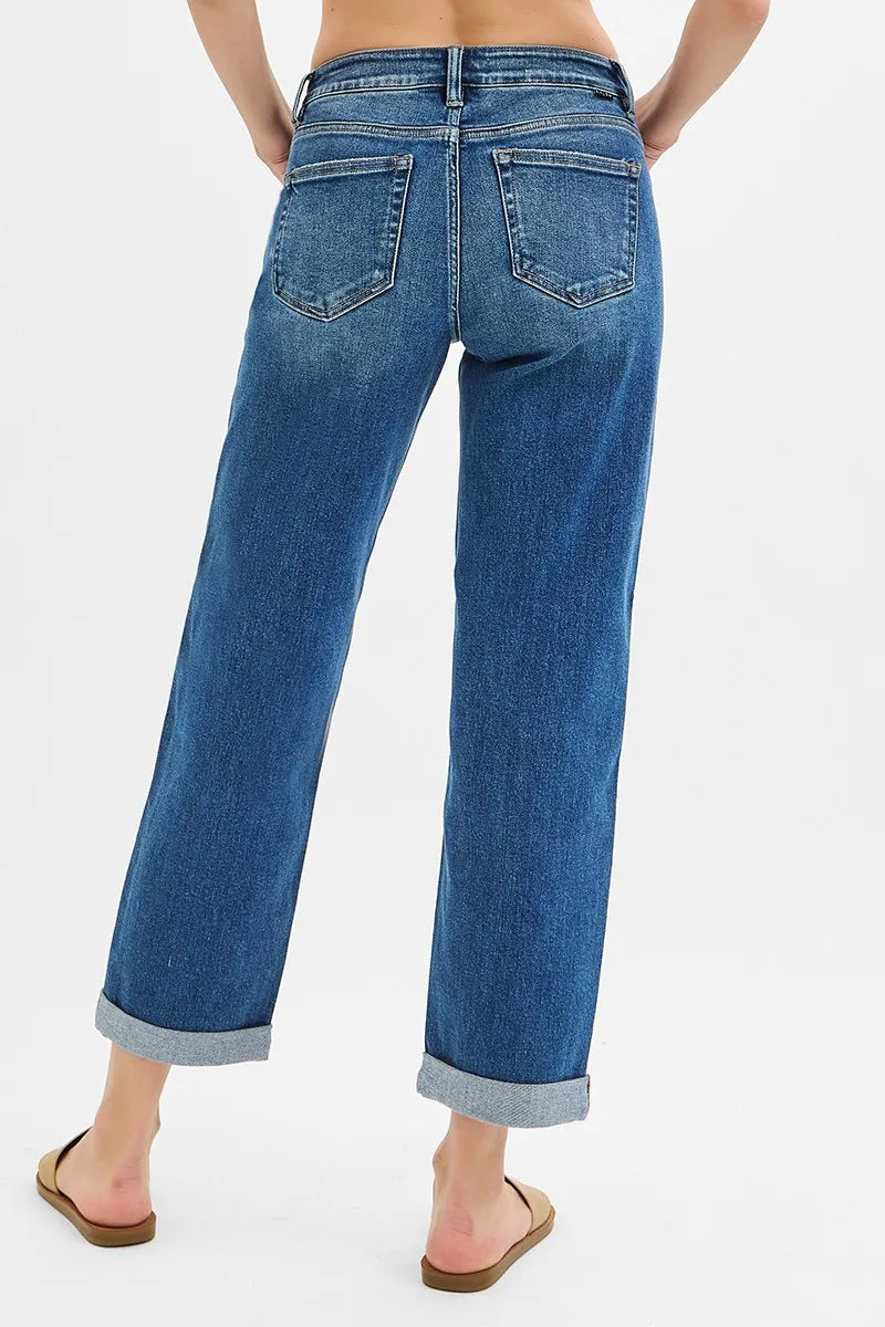 RISEN Full Size Mid Rise Boyfriend Roll Up Jeans Plus Size OutfitFlow