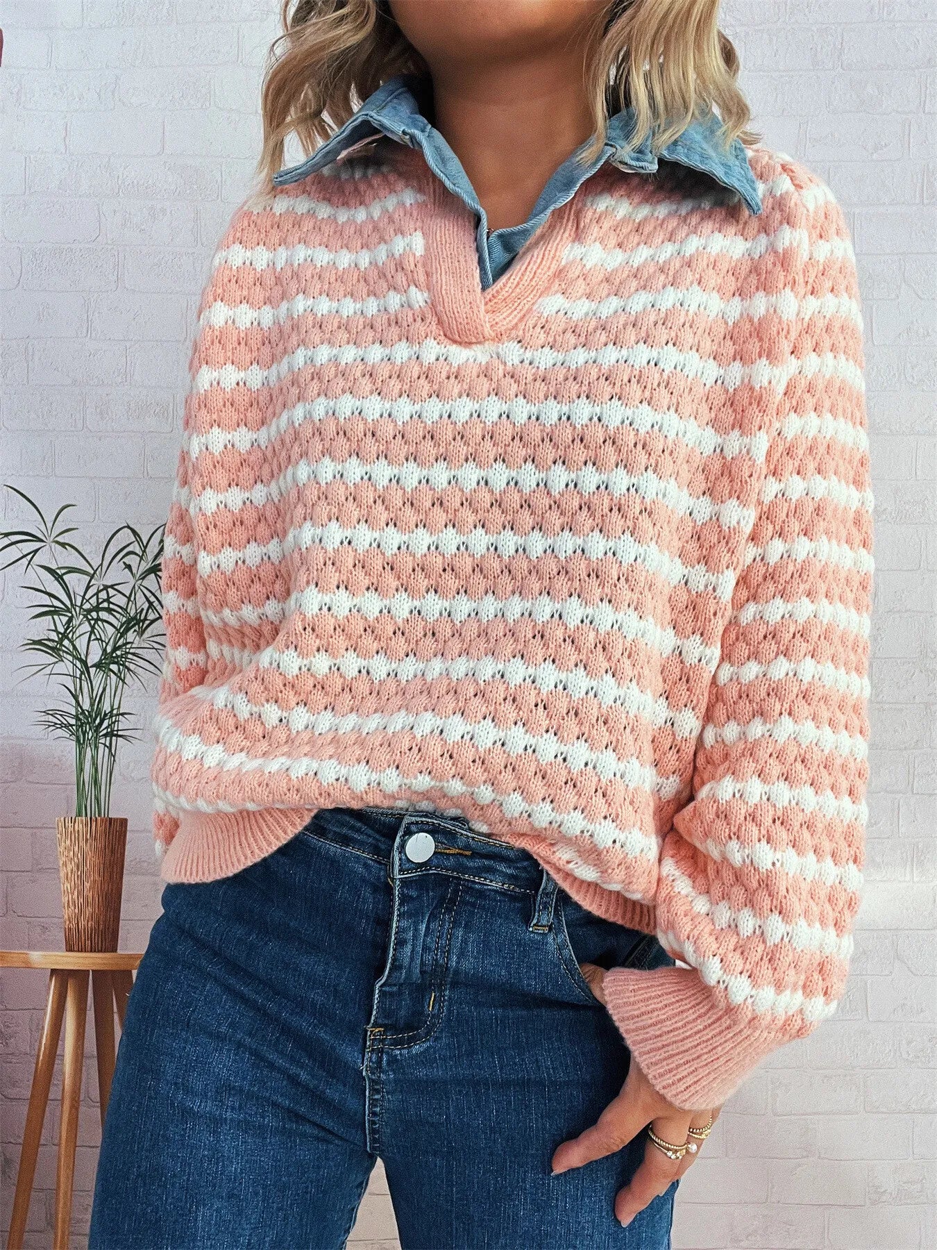 Contrast Striped Sweater with Denim Collar Pink One Size OutfitFlow