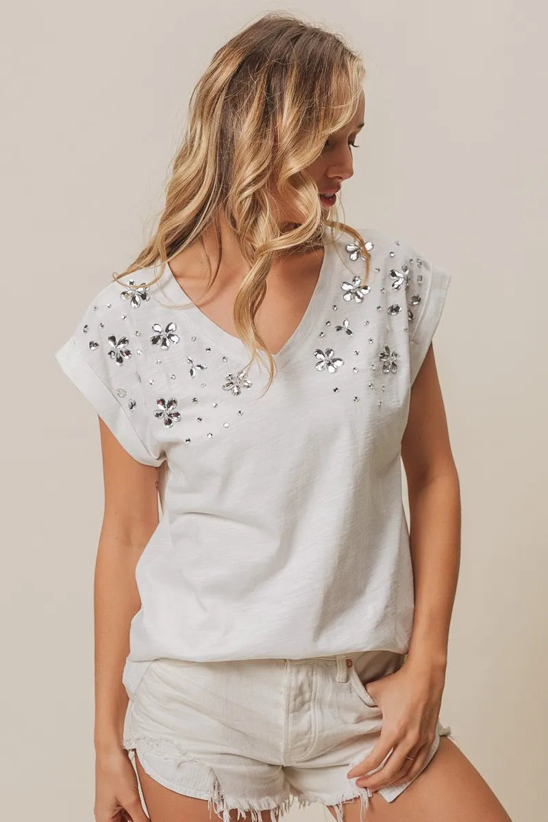 BiBi Slub Jersey Rhinestone V Neck Top OutfitFlow
