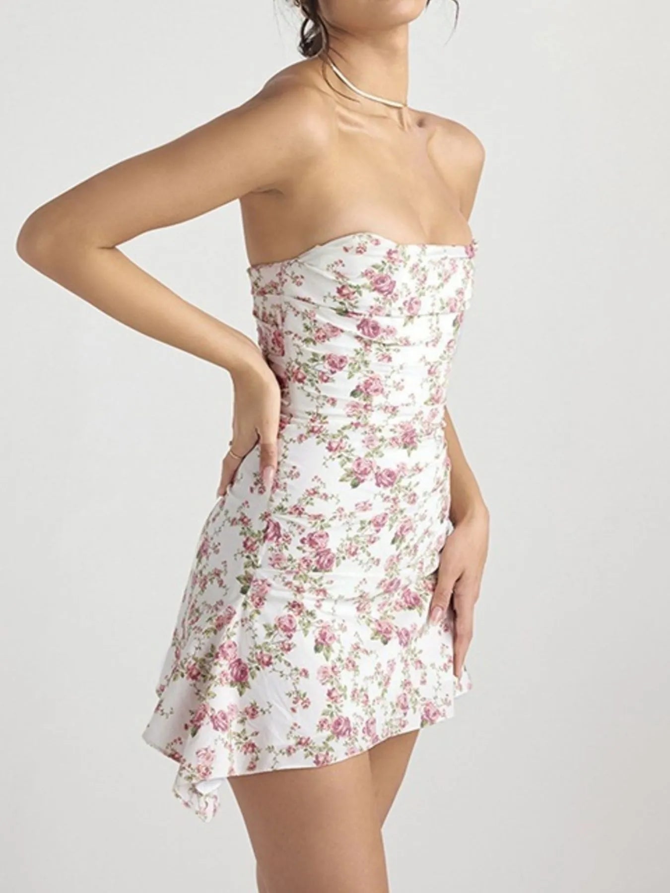 Floral Print Strapless Mini Dress OutfitFlow