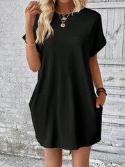 Pocketed Round Neck Short Sleeve Dress Black OutfitFlow