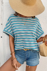 Multicolour Striped Wide Sleeve Loose T Shirt OutfitFlow