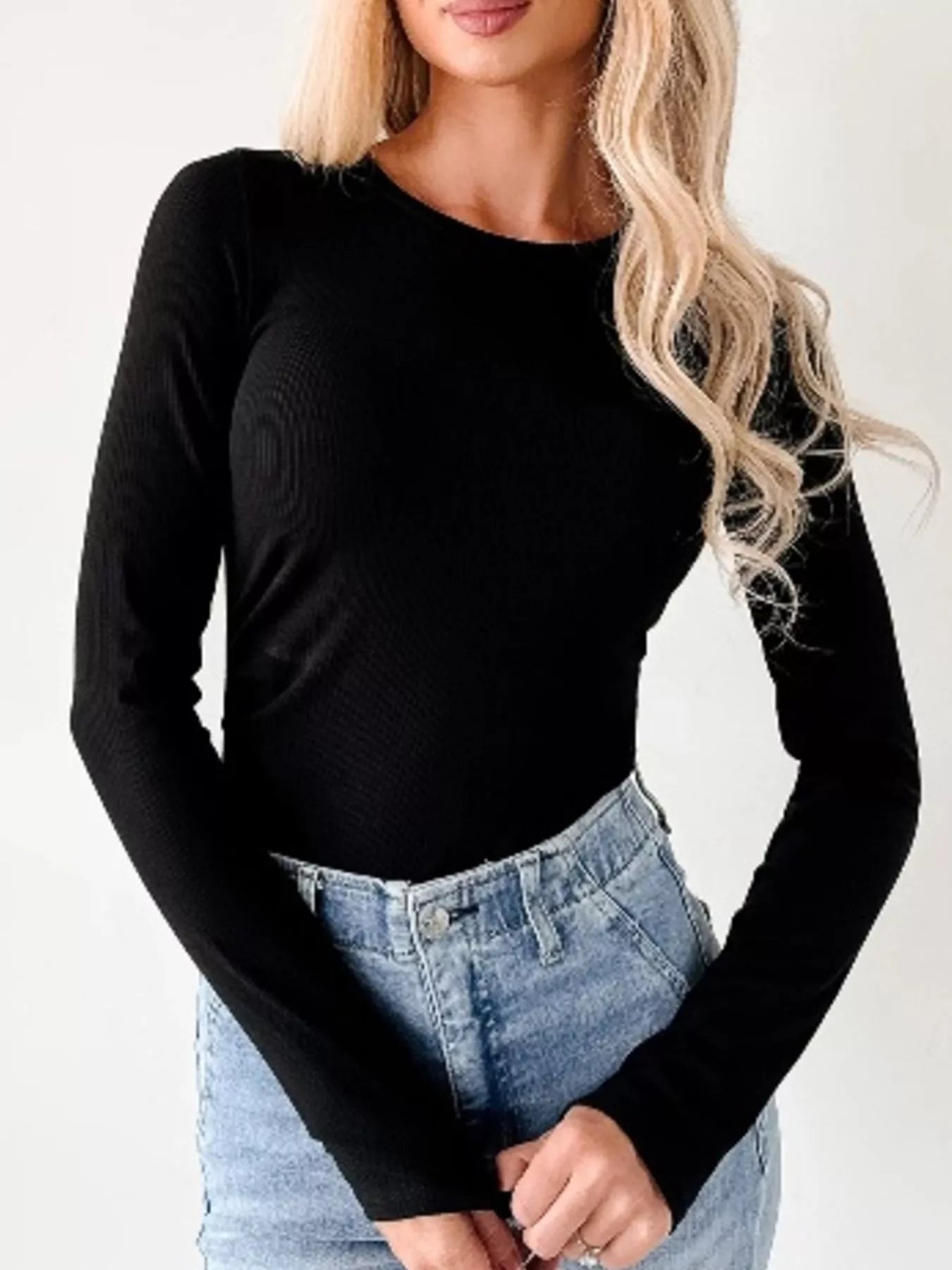 Ribbed Long Sleeve Fitted Bodysuit OutfitFlow