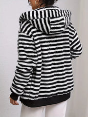 Striped Plush Zip-Up Hooded Outerwear OutfitFlow