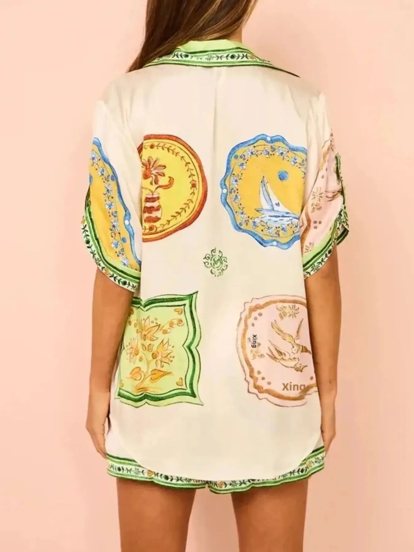 Printed Button Up Shirt and Shorts Set OutfitFlow