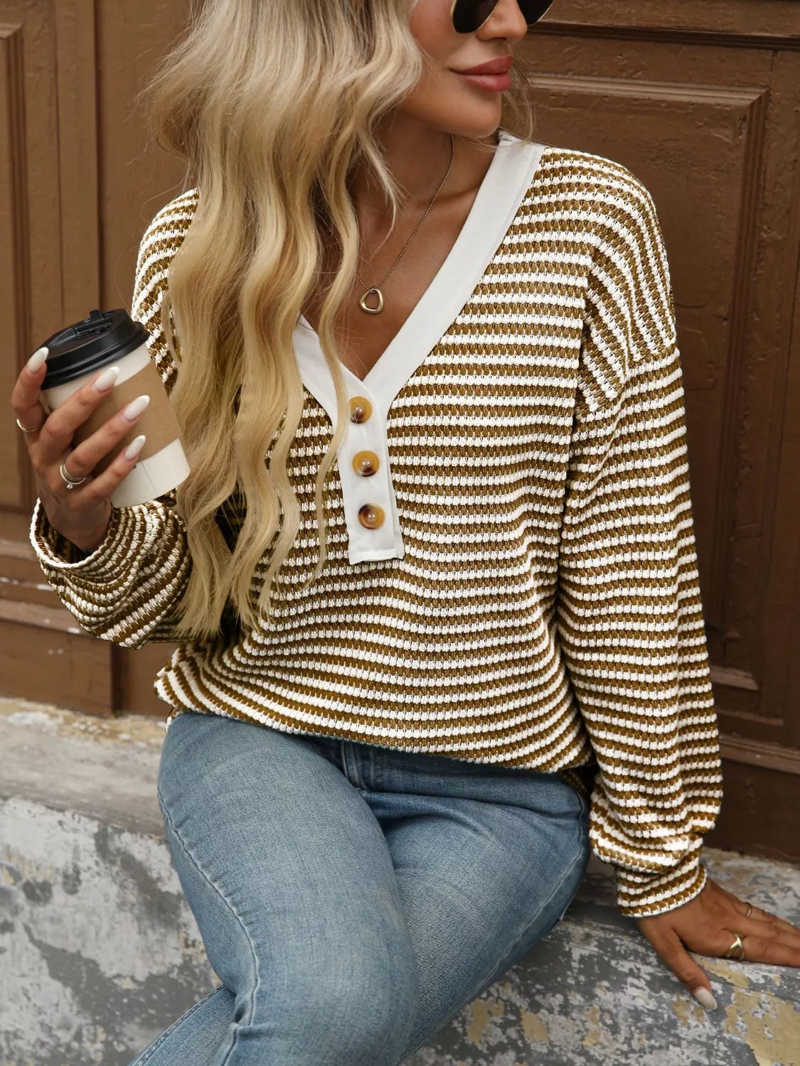 Striped Button Detail Long Sleeve T-Shirt Trendsi