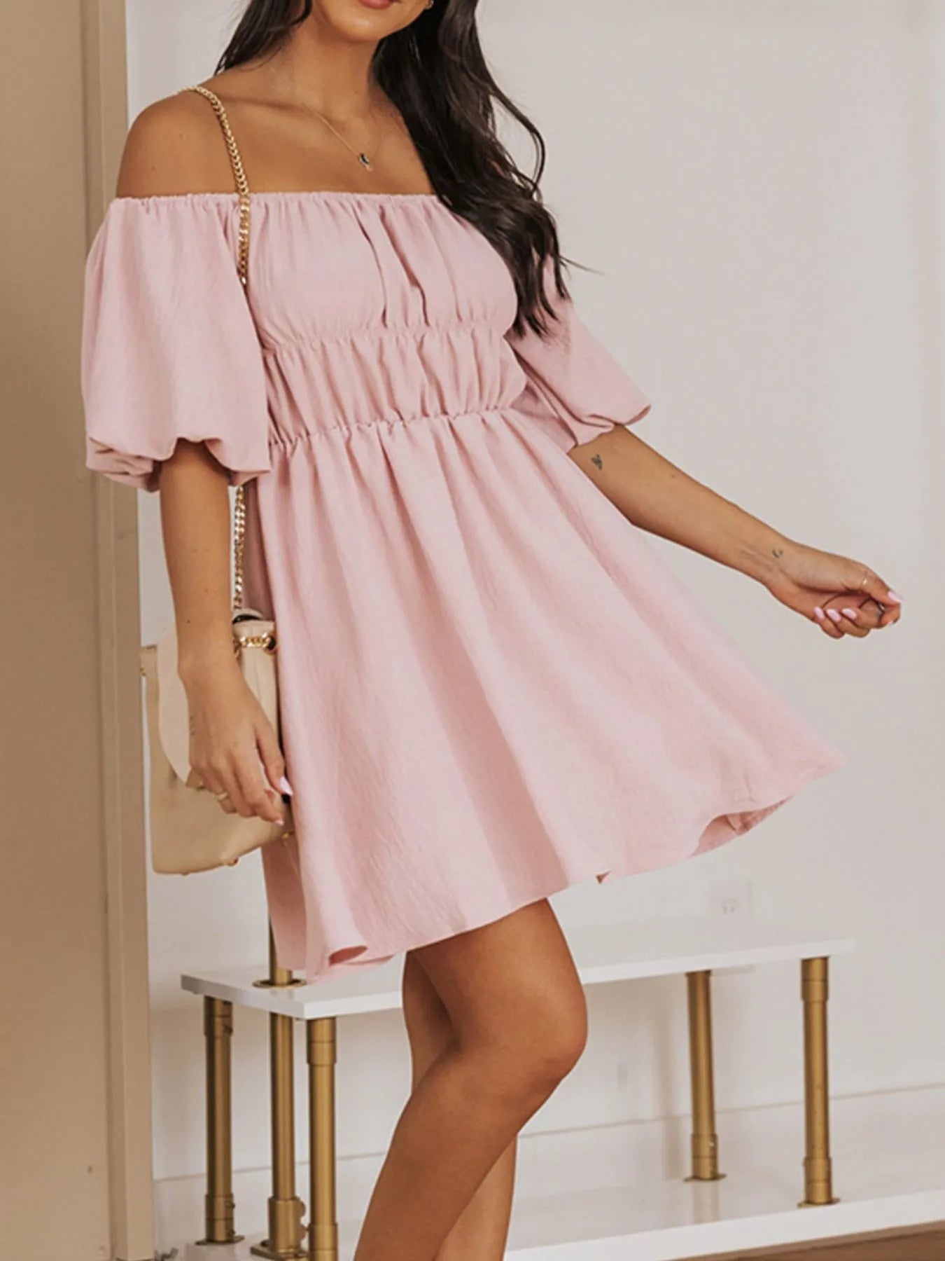 Off-Shoulder Puff Sleeve Mini Dress OutfitFlow