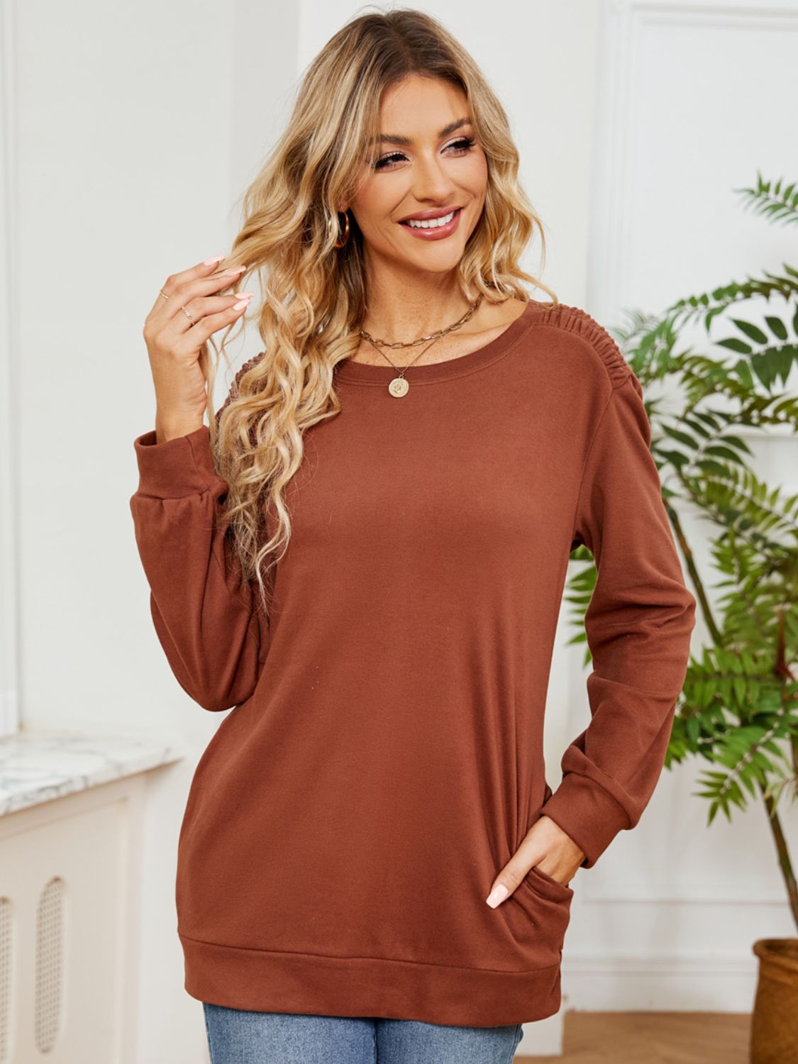 Outfit Flow - Ruched Shoulder Round Neck Long Sleeve Sweatshirt