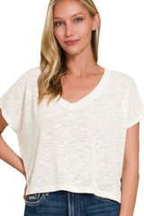 Zenana Hacci Slub V-neck Drop Shoulder Crop Top IVORY OutfitFlow