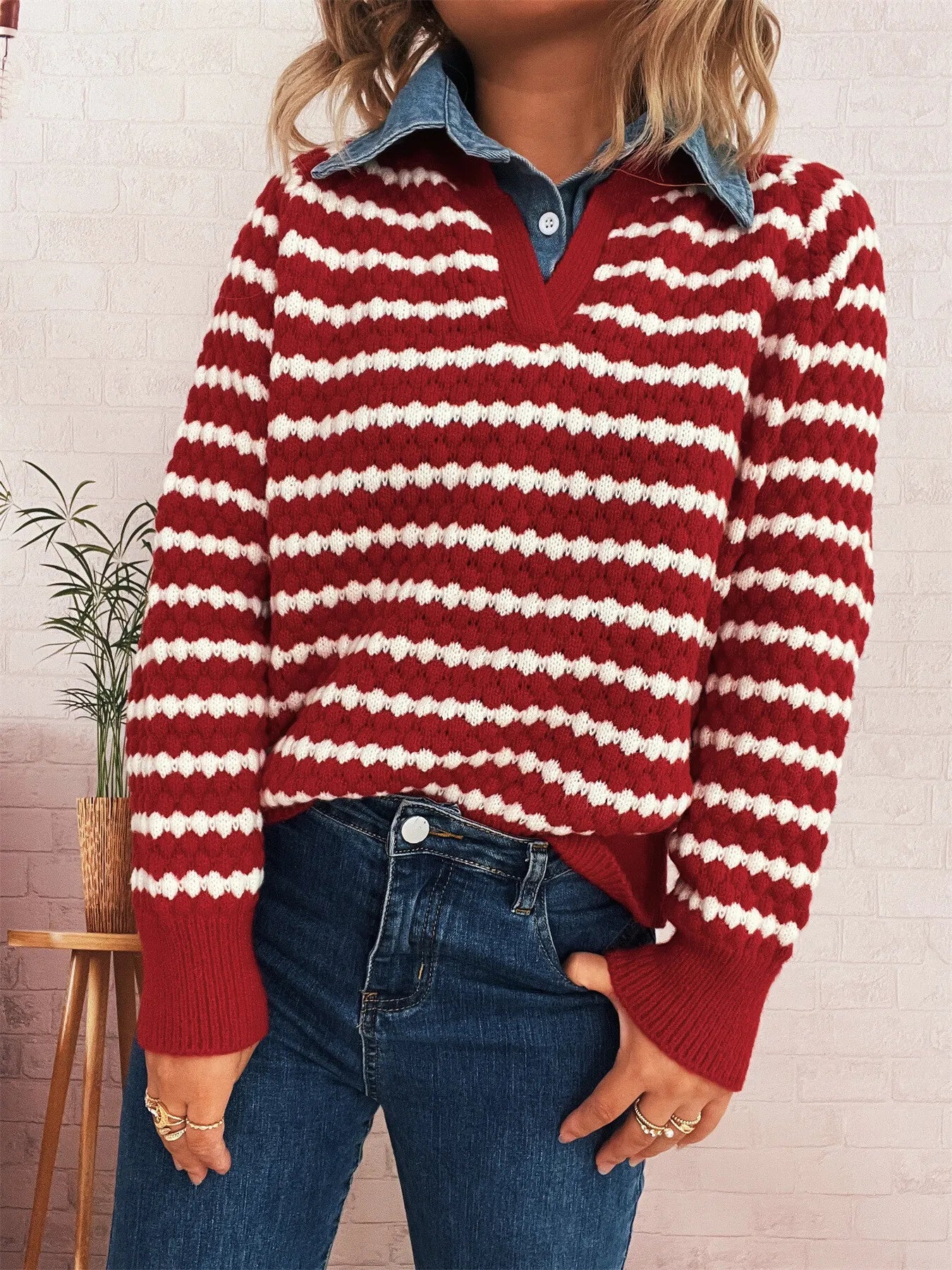 Contrast Striped Sweater with Denim Collar Red One Size OutfitFlow