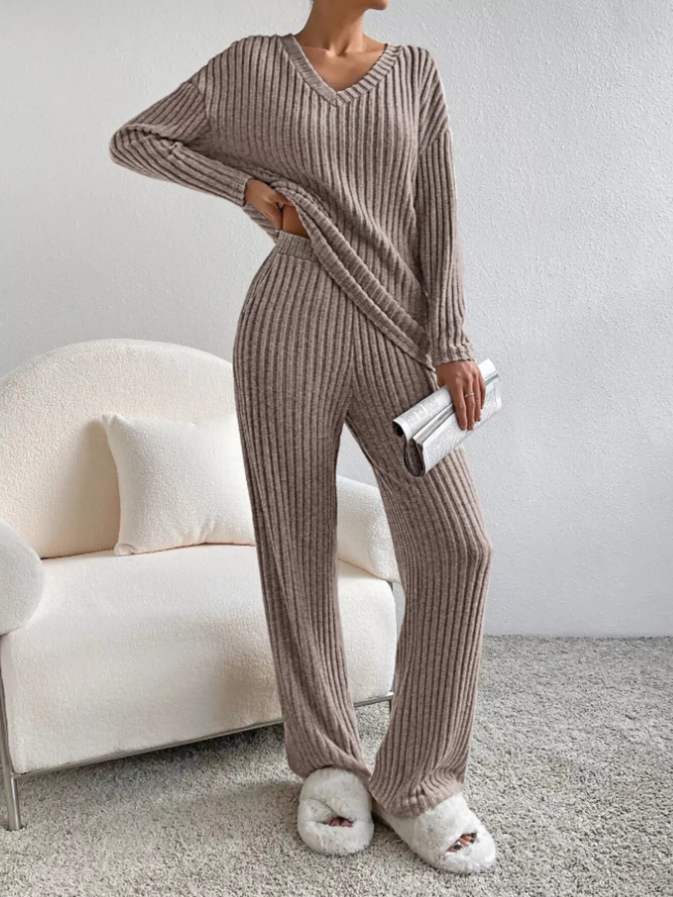 Ribbed Knit Long Sleeve Top and Pants Set OutfitFlow