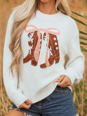 Embroidered Bow Boots Graphic Drop Shoulder Sweater OutfitFlow