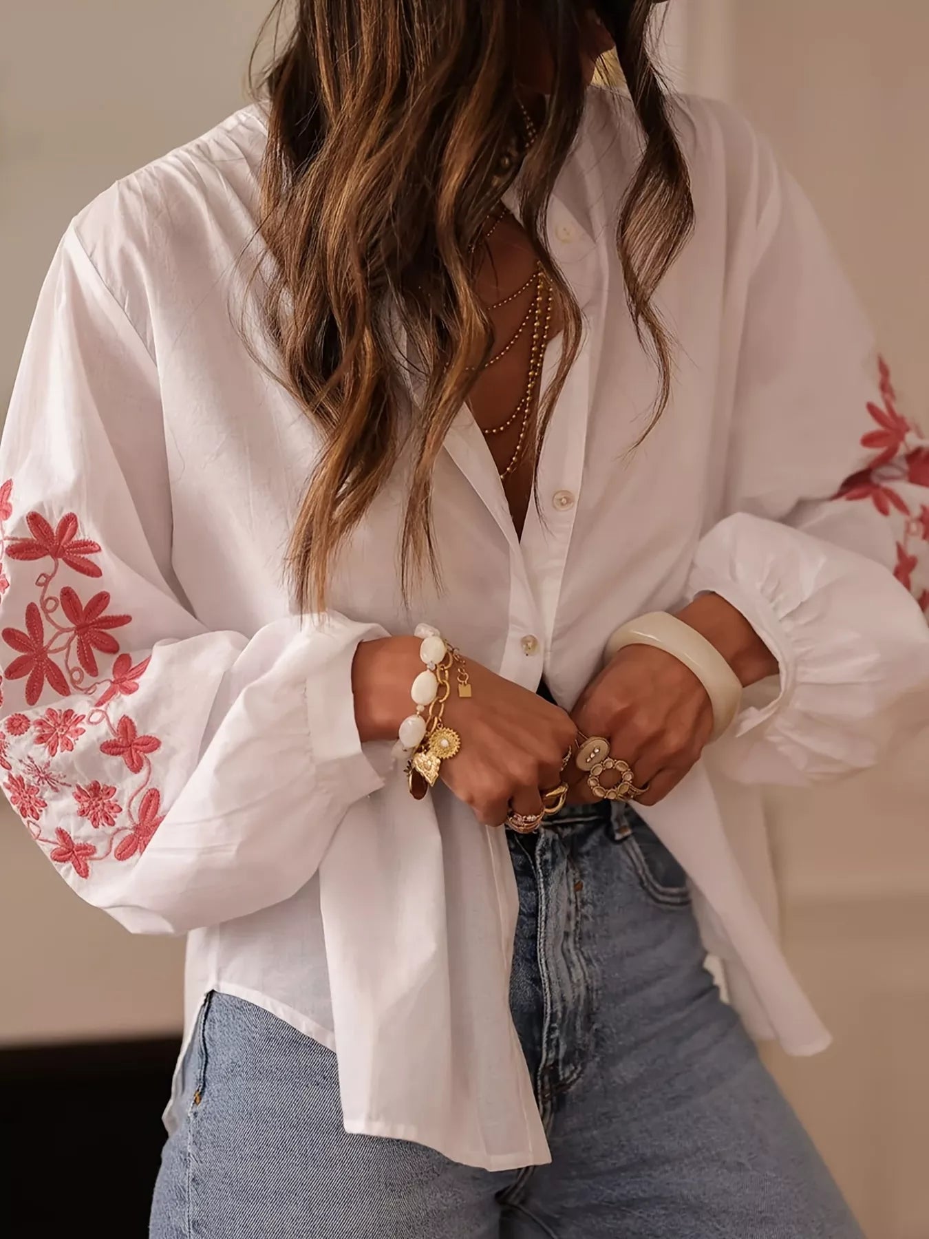 Embroidered Button Up Long Sleeve Shirt OutfitFlow