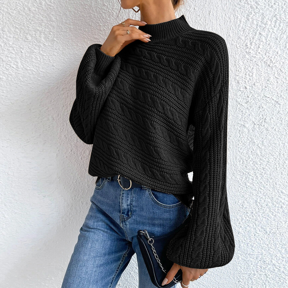 Cable-Knit Mock Neck Long Sleeve Sweater