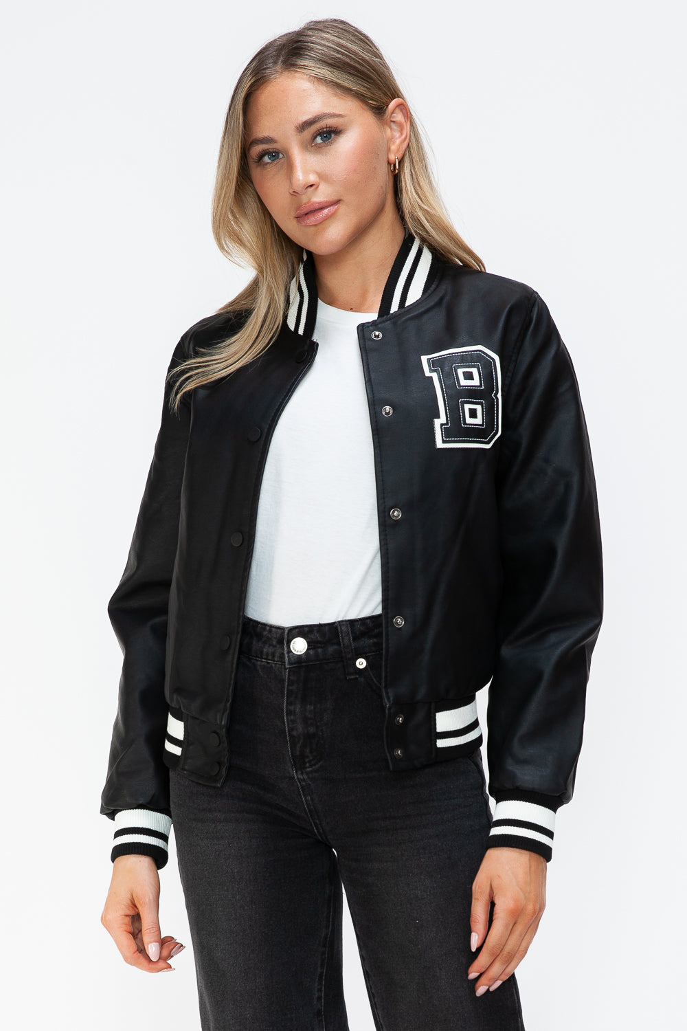 Outfit Flow - Love Me Now PU Leather Contrast Snap Down Bomber Jacket