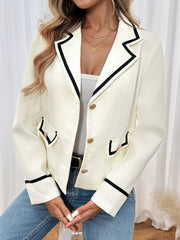 Contrast Trim Button-Up Blazer Beige Trendsi