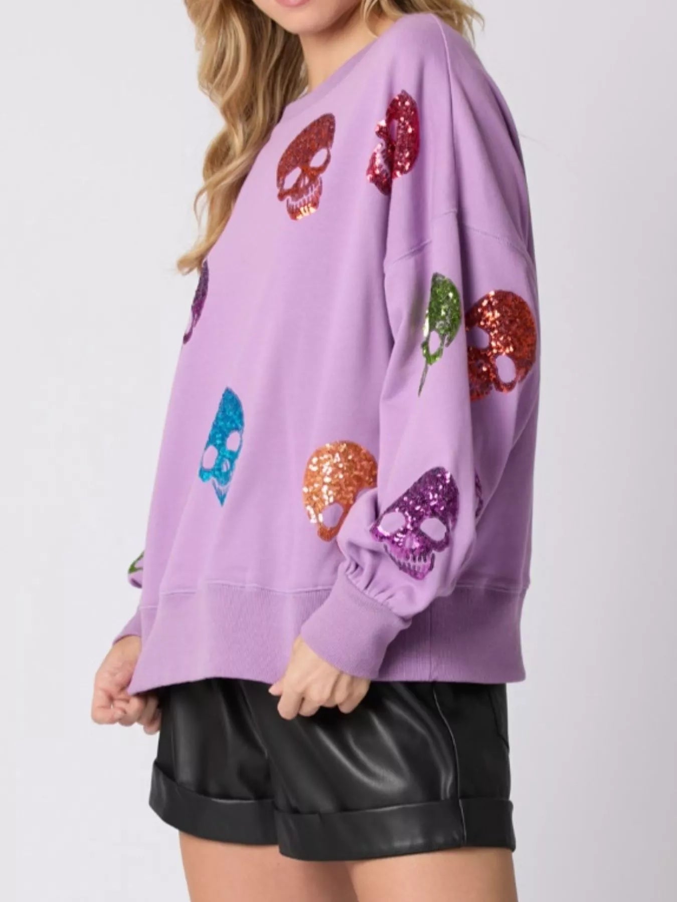 Halloween Colorful Skull Sequin Oversized Sweatshirt OutfitFlow