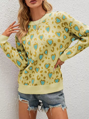 Heart Round Neck Long Sleeve Sweater OutfitFlow