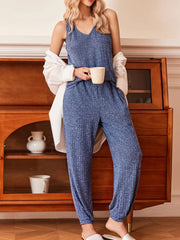 Ribbed Knit V-Neck Tank and Pants Lounge Set Royal Blue OutfitFlow