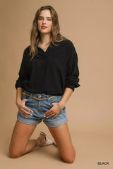 Umgee Linen Long Sleeves Elastic Hem Blouse OutfitFlow