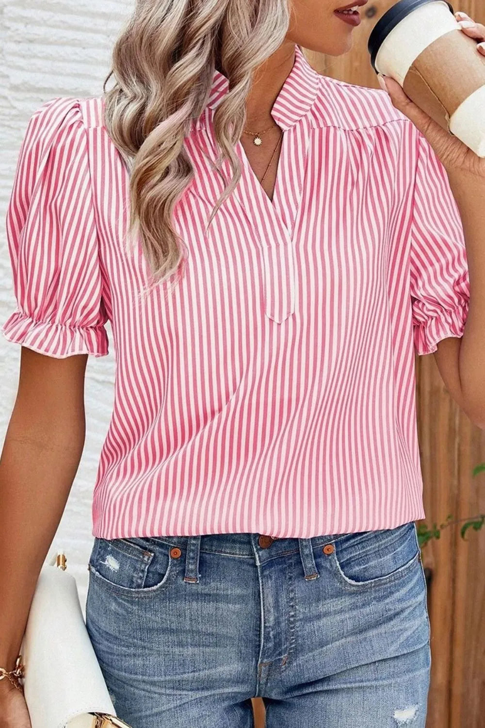 Stripe Notched Neck Frilled Short Puff Sleeve Blouse OutfitFlow